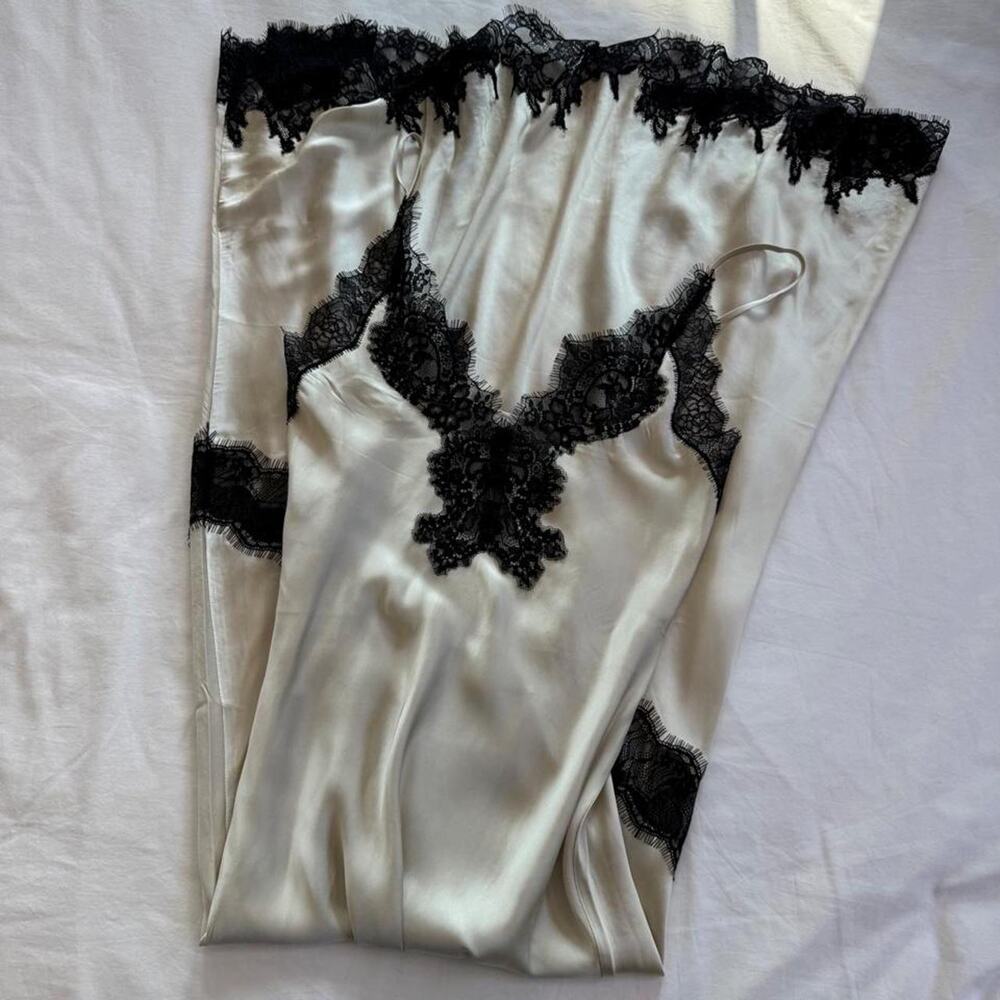 Helsa cream satin slip dress with black lace trim